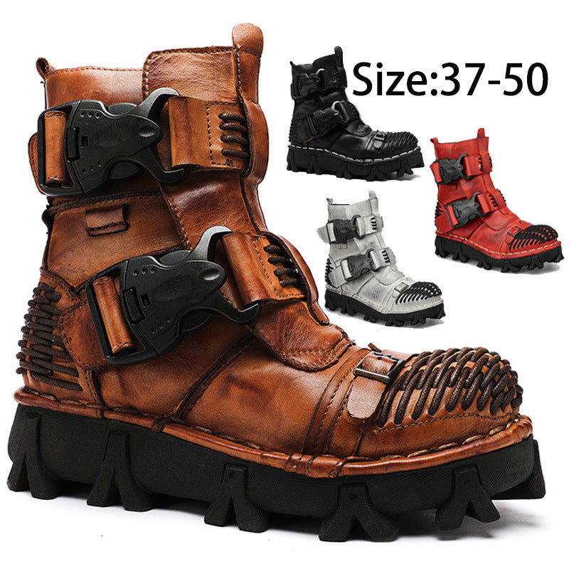 Brown leather boot with unique design and additional boots in black, red, and gray shown in the background.