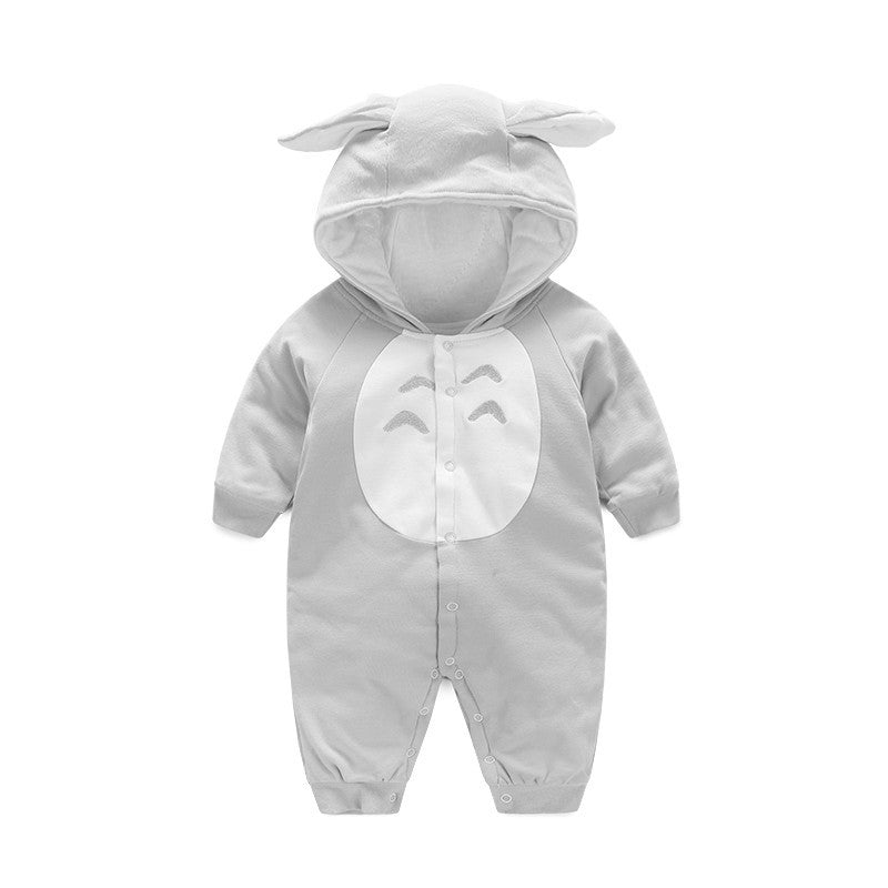 Gray baby onesie with a white face design on a white background