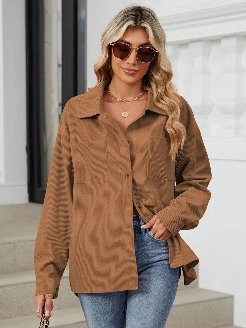 Button Up Dropped Shoulder Long Sleeve Outerwear - Millivan supplies 