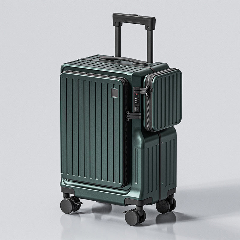 Green suitcase with black handle and wheels on a light gray background