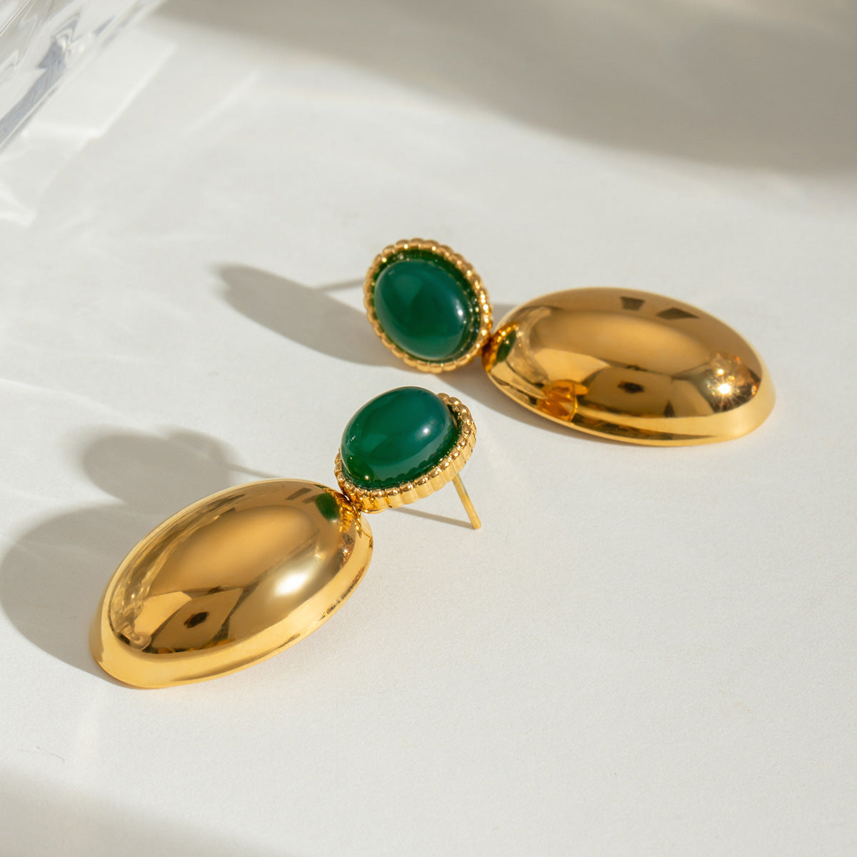 Stainless Steel Green Agate Oval Pendant Earrings