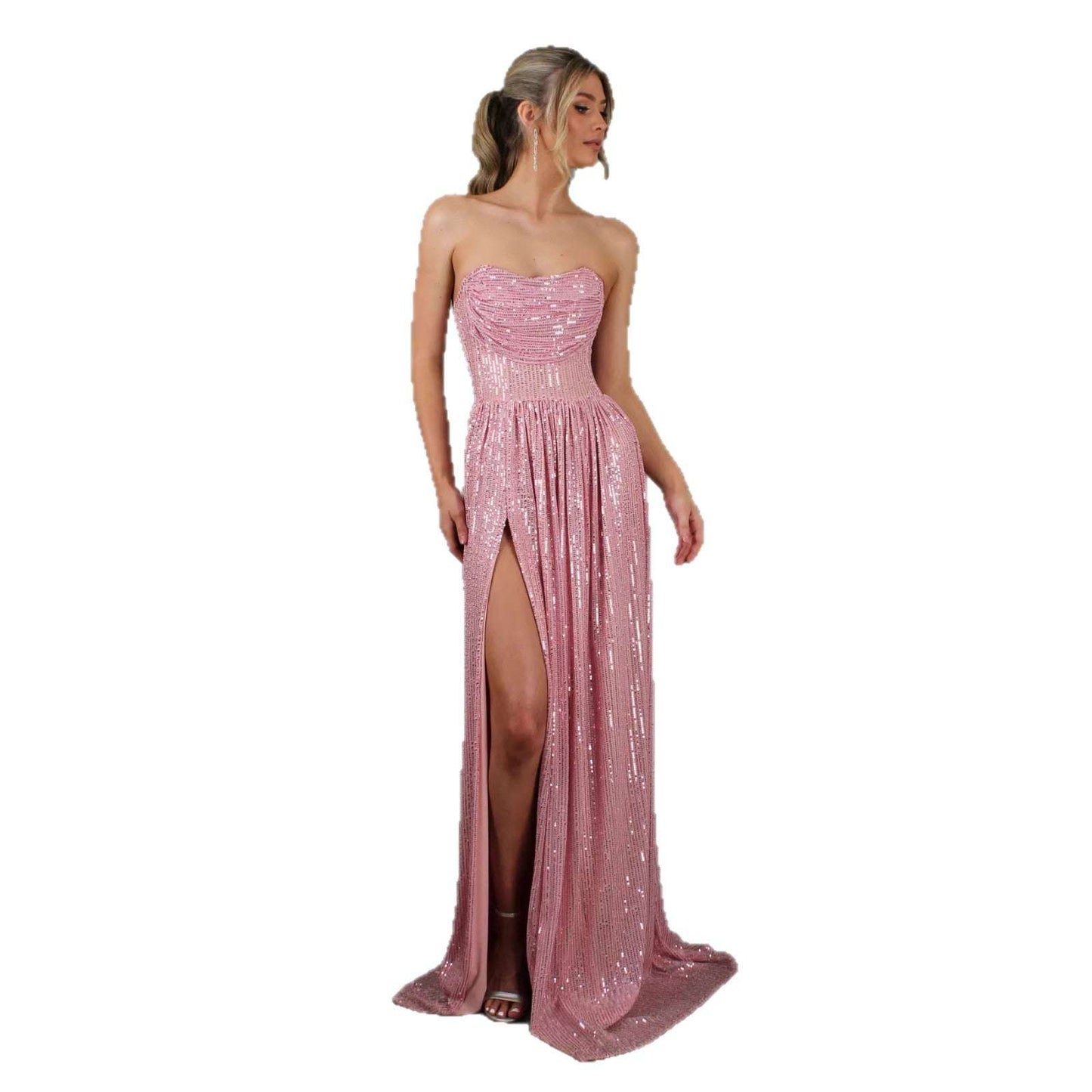 Women's Sequin Spaghetti-Strap High-Waist Slit Maxi Dress | Blue, Champagne & Pink | S–XL