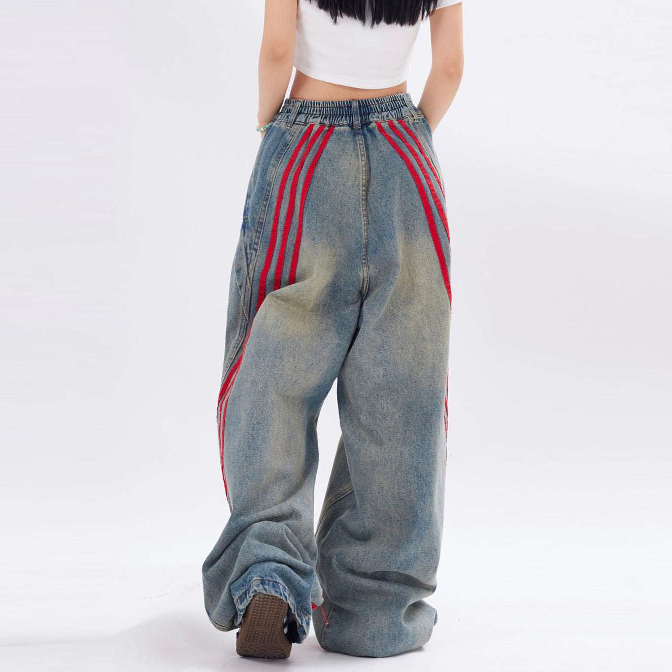 Women's Striped Straight-Leg Denim Trousers | Blue | M–XL