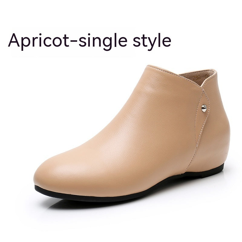 Beige ankle boot on a white background with text 'Apricot-single style'.