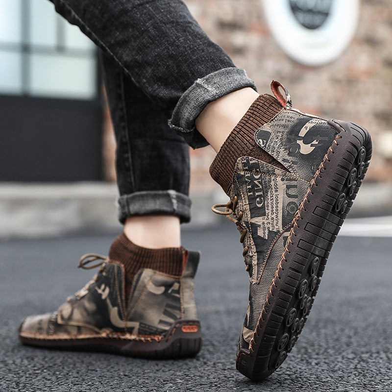 Brown leather shoes with newspaper print on a blurred street background