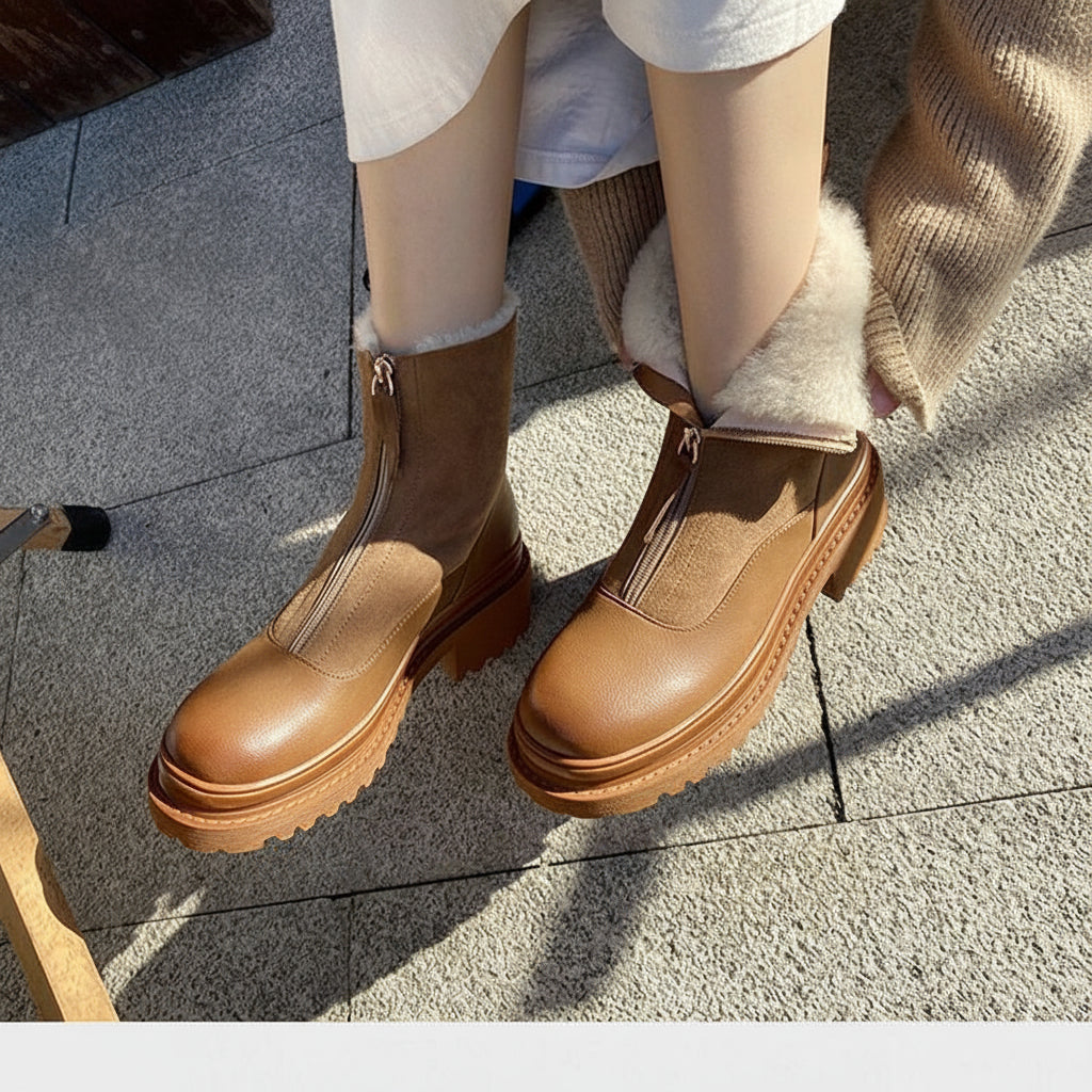 Brown platform boots worn on a concrete surface with 'CHUAN SHUO' branding.
