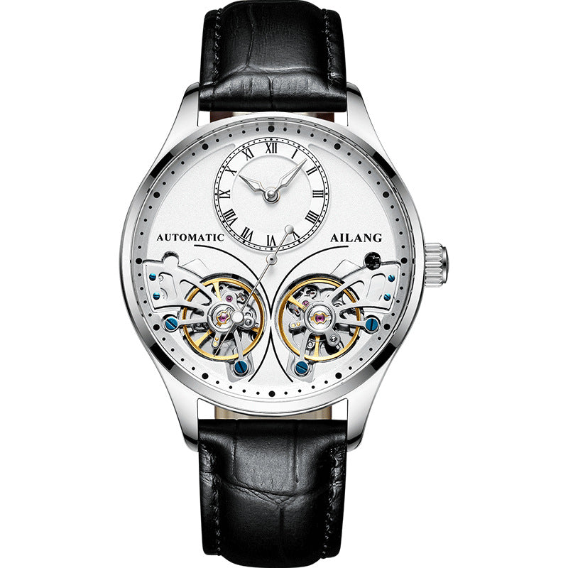 Luxury watch with black leather strap and visible brand name on a white background