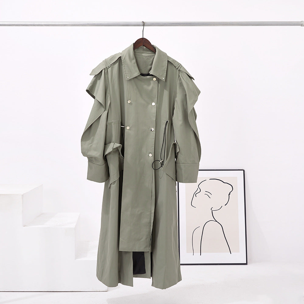 Women's Elasticated-Waist Raglan-Sleeve Trench Coat | Lace-Up & Pleated | Gray | S–L