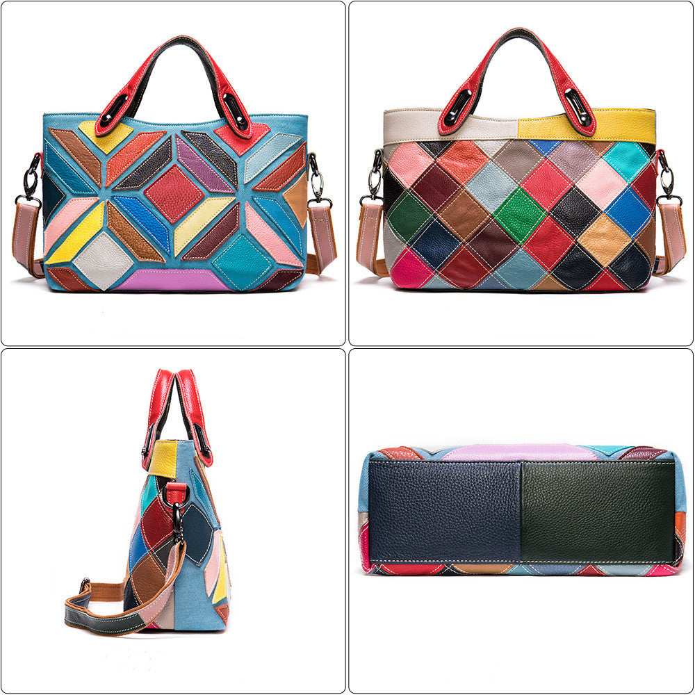 Collage of colorful patchwork handbags with geometric patterns.
