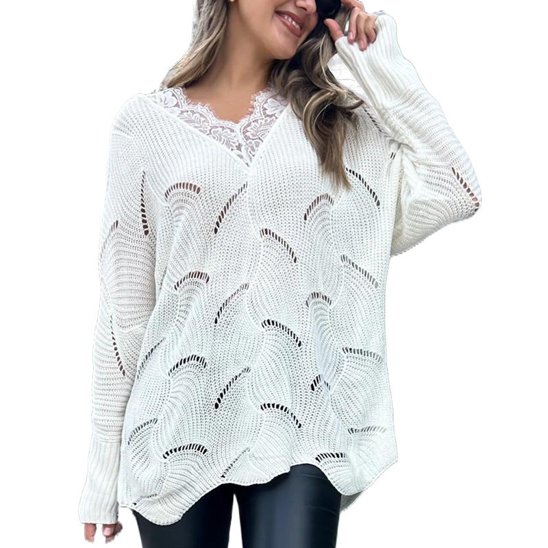 Women's Lace Stitching Mid-Length White Sweater - Adult Fashion Knitwear