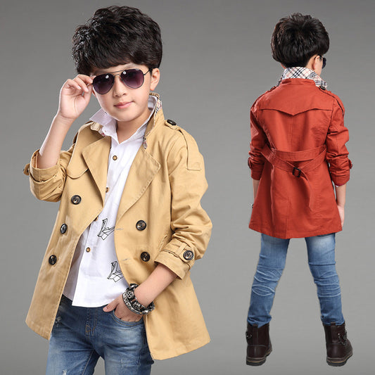 Child wearing a beige trench coat with a white shirt and jeans, shown from front and back.