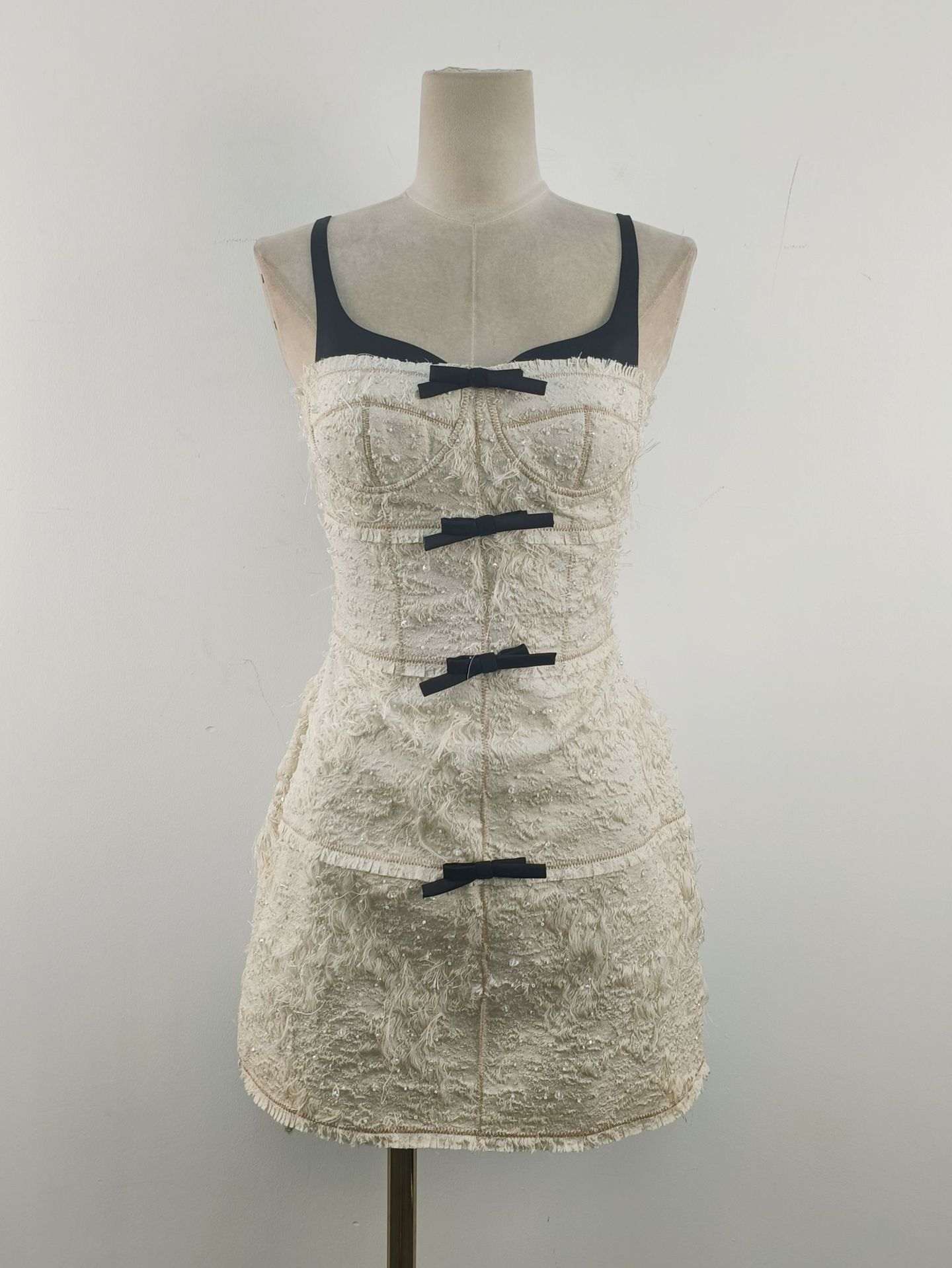 Women's French-Inspired Beaded Bow Sleeveless A-Line Mini Slip Dress | Apricot & Black | S–XL