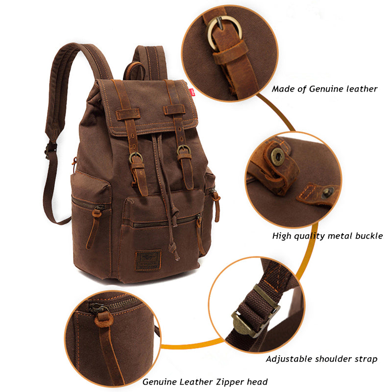 Brown leather backpack with close-up details on a white background