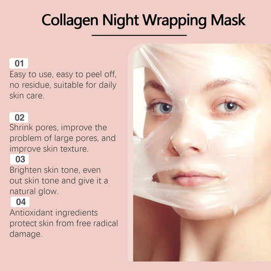 Collagen night wrapping mask with a woman's face wearing it, and text detailing its benefits.