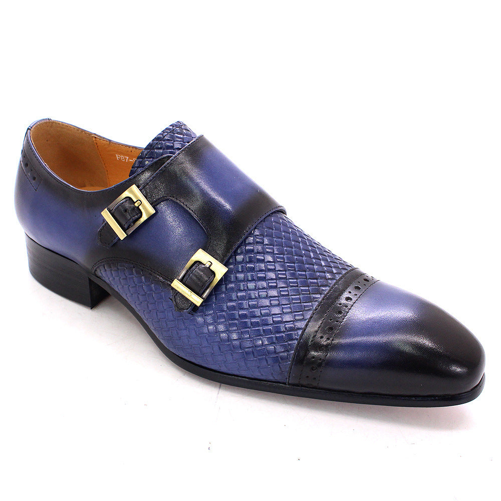 Blue and black woven leather shoe with gold buckles on a white background