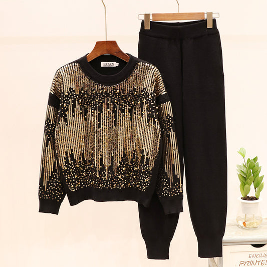 Sequined Beaded Long-Sleeve Knitwear Casual Pants Set