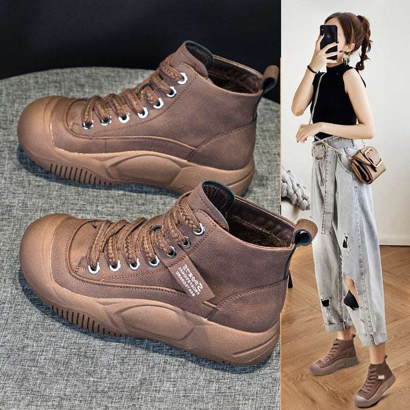Women's Height-Increasing Leather Boots - Thick Sole High-Top Casual Boots