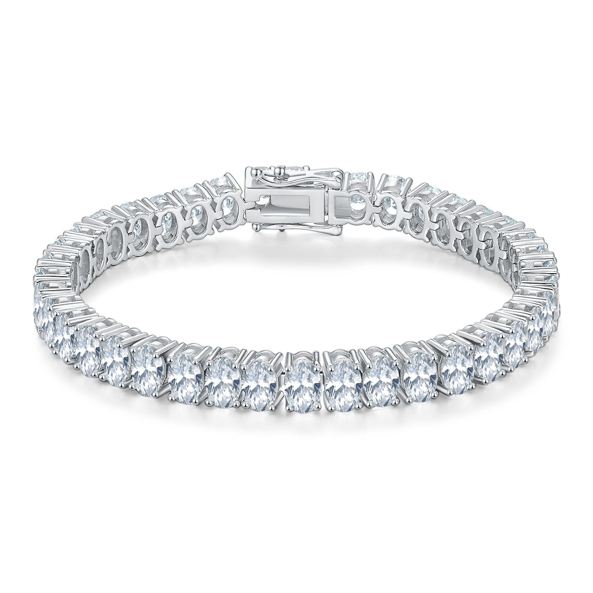 Bracelet Moissanite is a single-row oval cut moissanite tennis bracelet in platinum-plated S925 sterling silver — GRA certified, D Color, VVS1 clarity, and set with precision-cut 6×4mm oval moissanite stones from end to end.