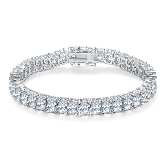 Bracelet Moissanite is a single-row oval cut moissanite tennis bracelet in platinum-plated S925 sterling silver — GRA certified, D Color, VVS1 clarity, and set with precision-cut 6×4mm oval moissanite stones from end to end.