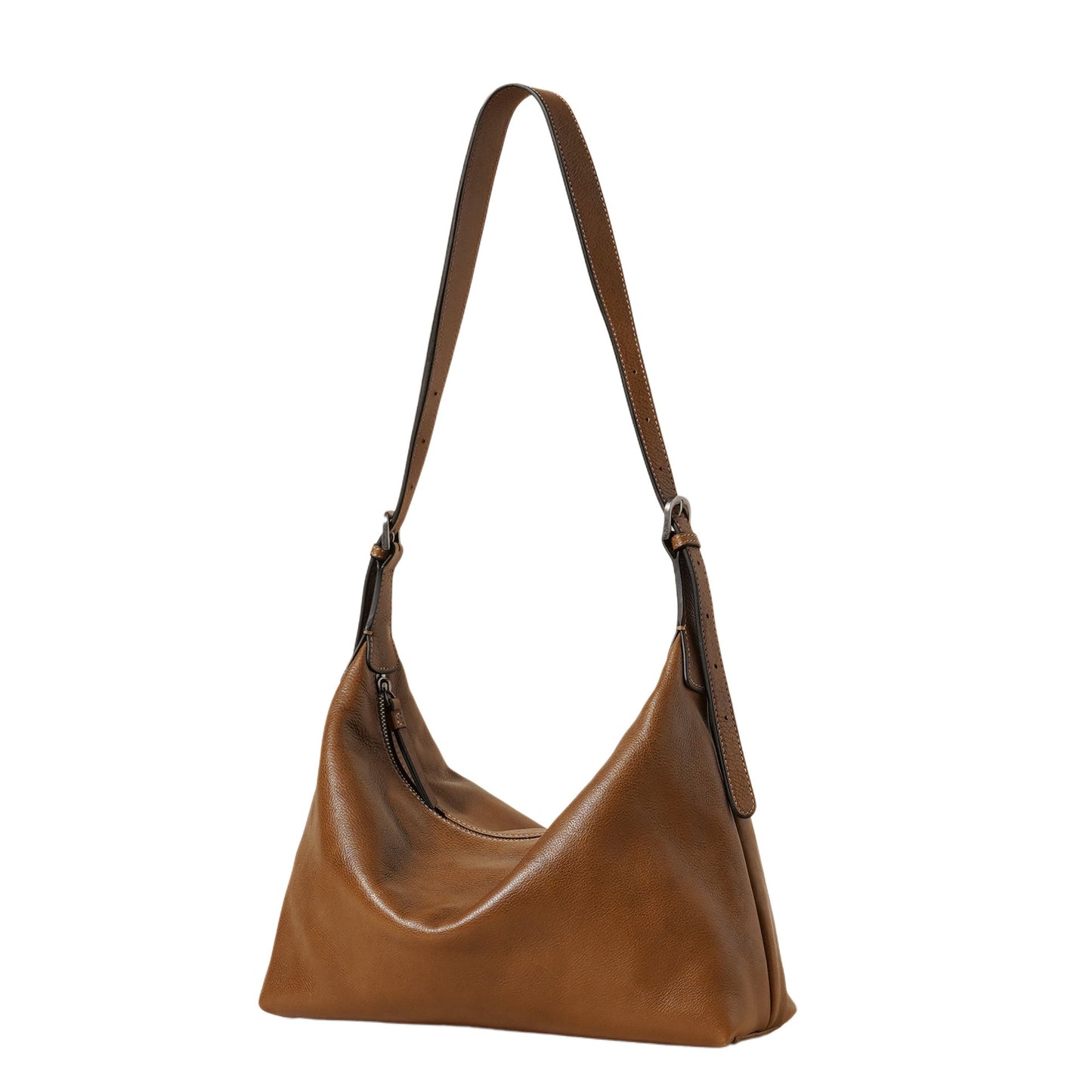 Brown leather handbag with a shoulder strap on a white background