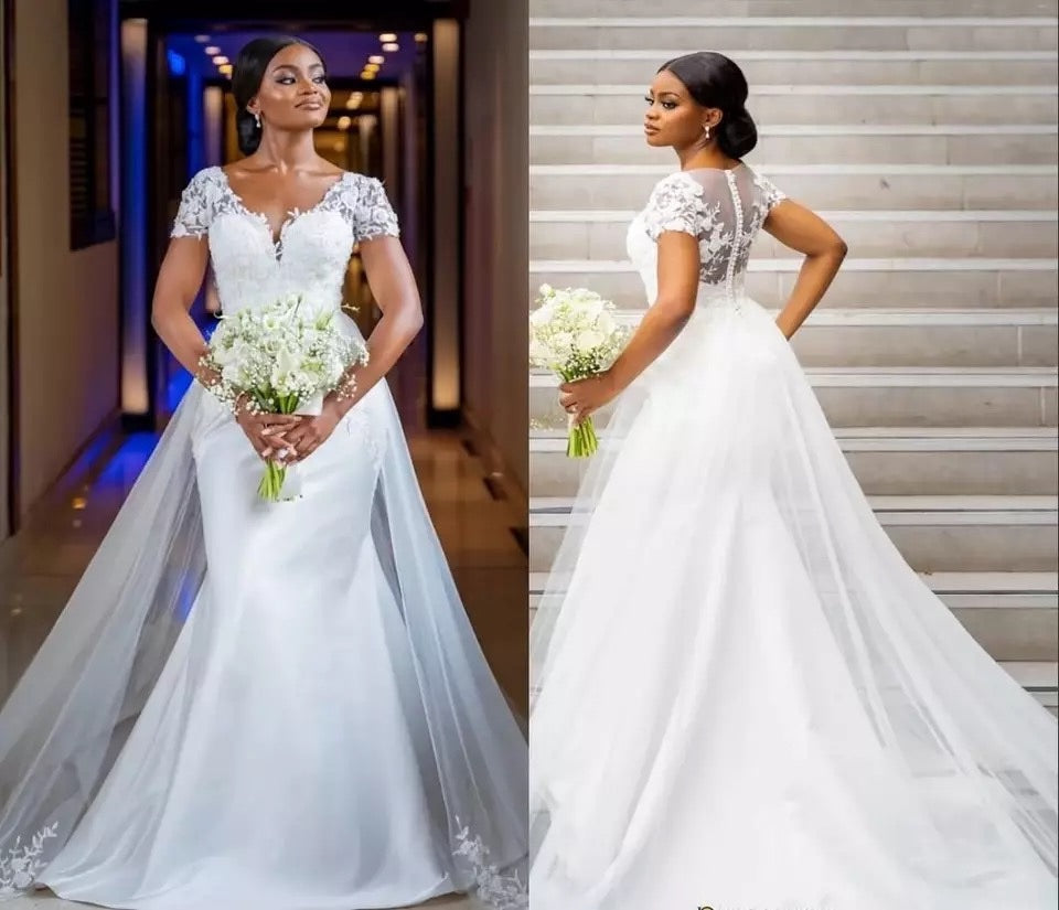 Woman in a white wedding dress holding flowers in two different settings.