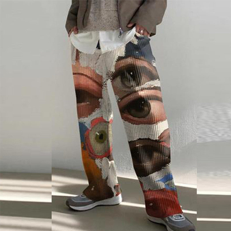 Men's Loose Casual Trousers - Adult Mid Waist Printing Long Pants