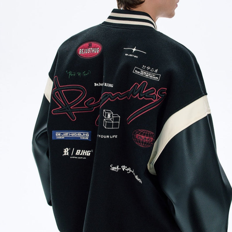 Black jacket with red and white text and logos on a plain background