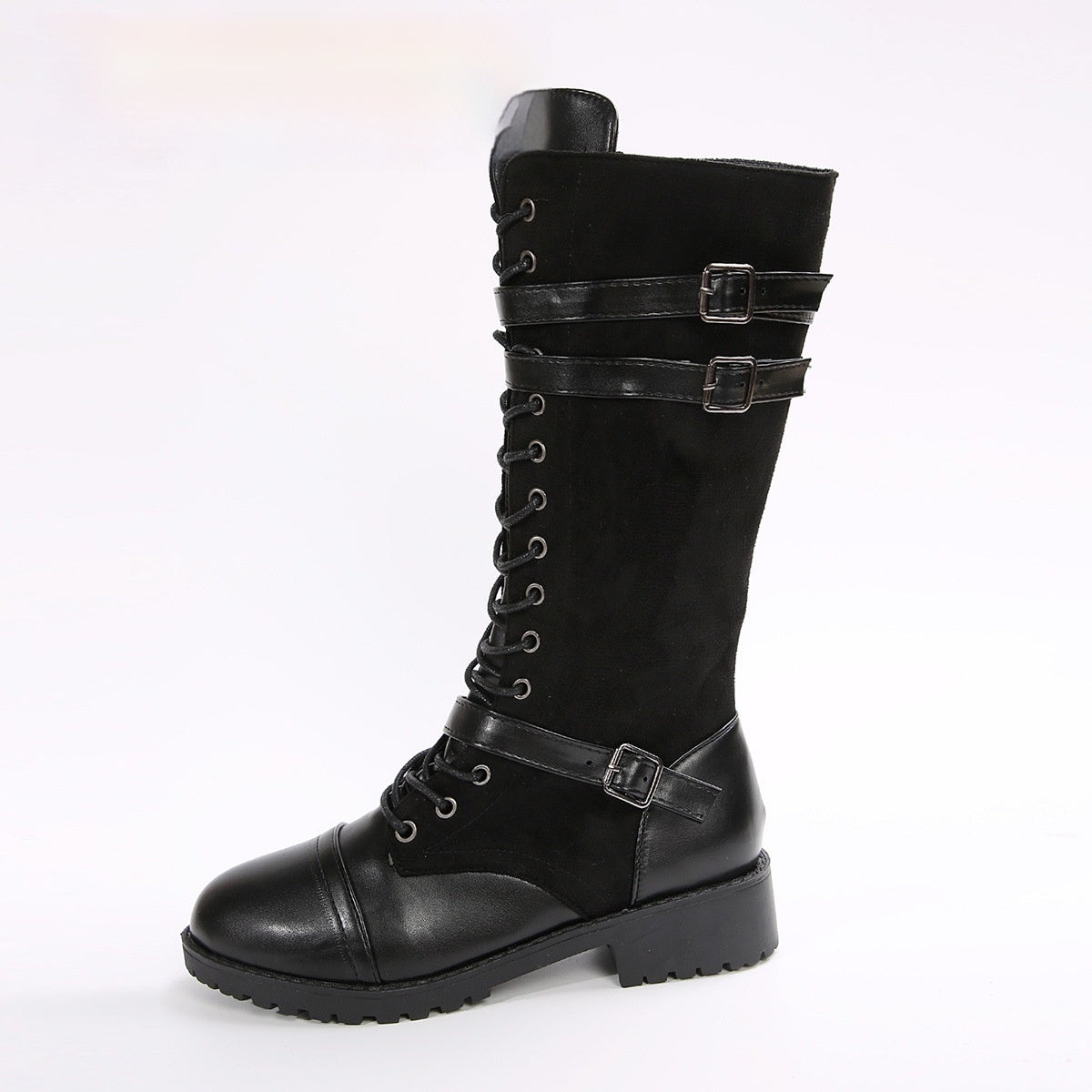 Black knee-high boot with multiple straps on a white background