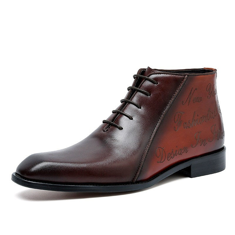 Brown leather shoe with visible branding on a white background