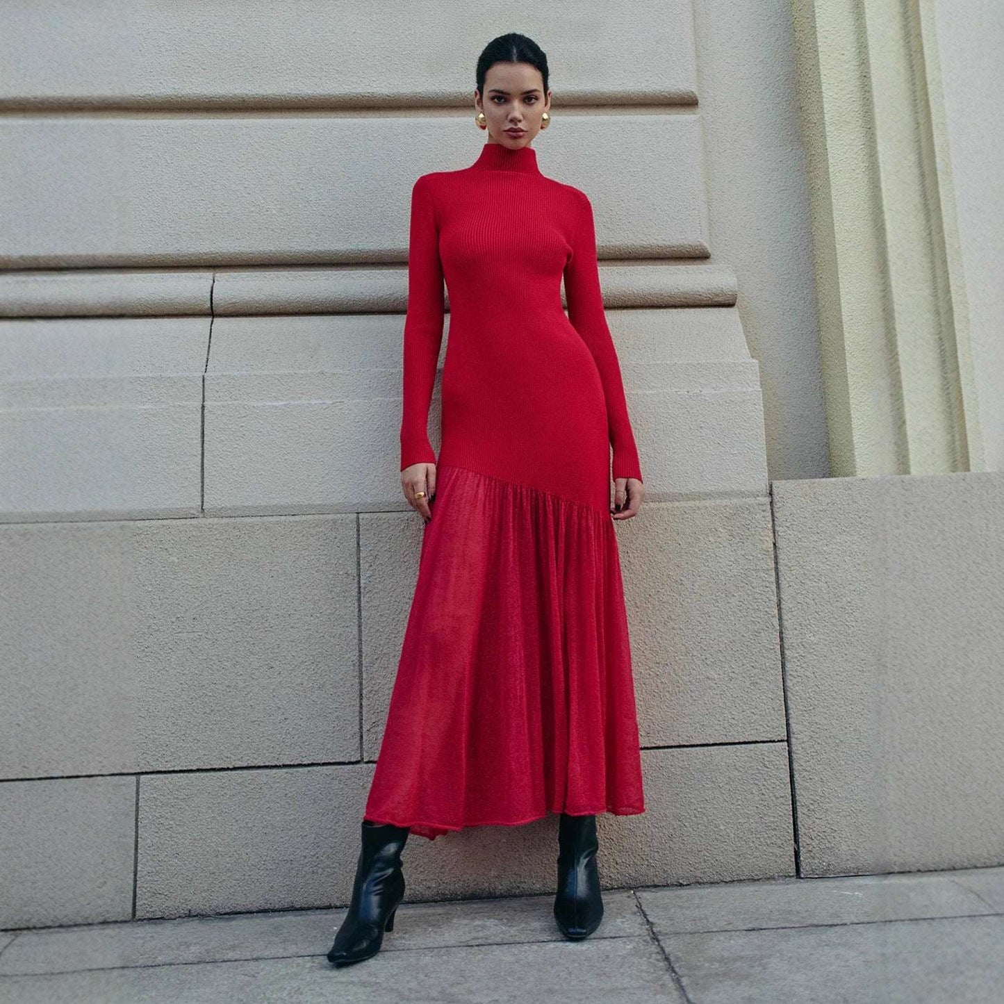 Women's Pullover Knit A-Line Maxi Dress | Black, Deep Burgundy & Red | XS–XL