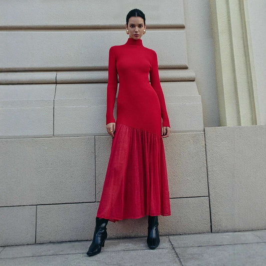 Women's Pullover Knit A-Line Maxi Dress | Black, Deep Burgundy & Red | XS–XL