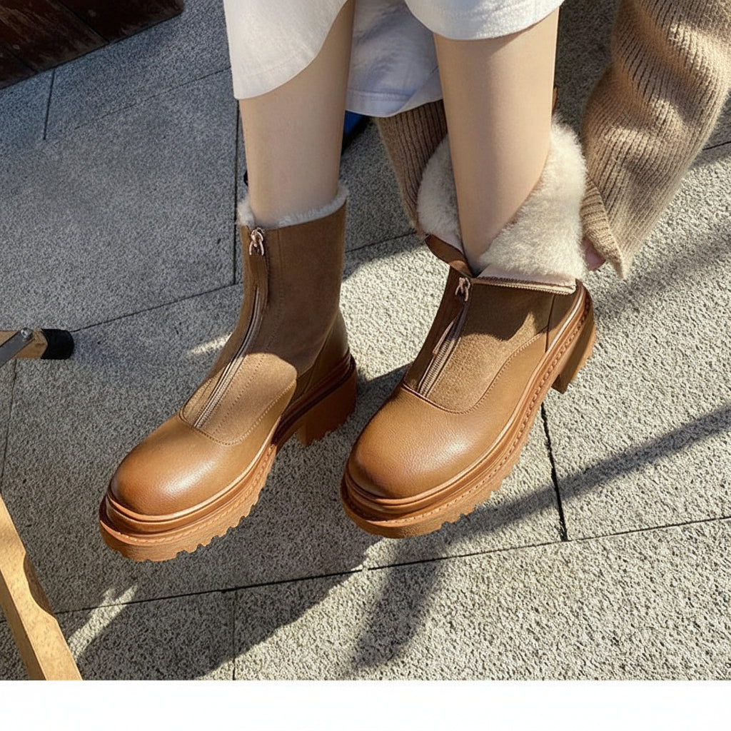 Brown platform boots worn on a concrete surface with 'CHUAN SHUO' branding.