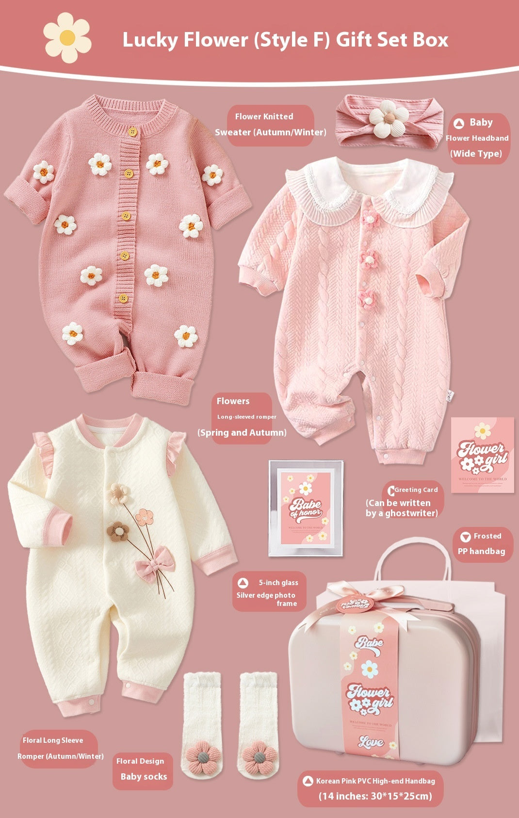 Baby gift set box with pink and white floral-themed outfits on a pink background