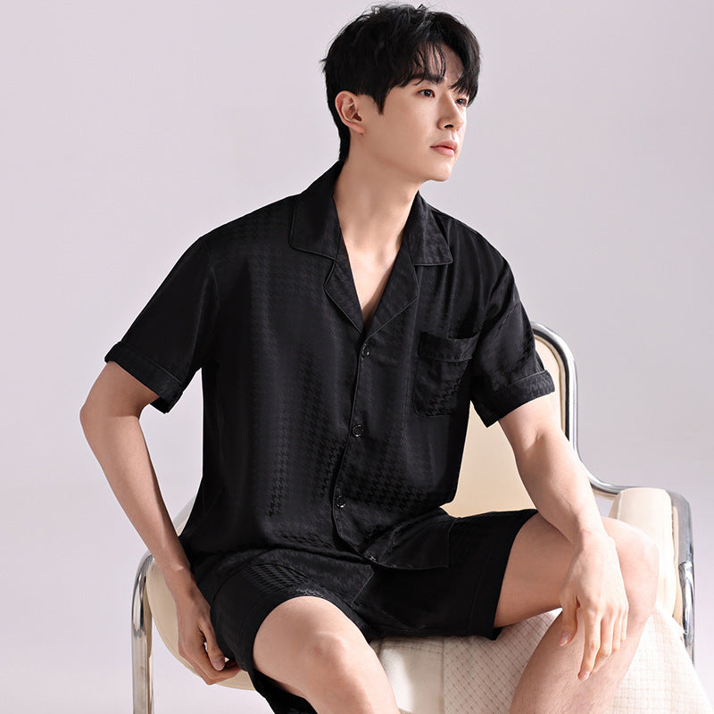 Men's Ice Silk Pajamas - Adult Summer Sleepwear Big Black Plaid