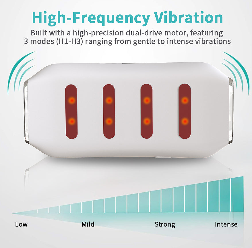 White electronic device with red indicator lights on a white background, featuring text about high-frequency vibration and motor specifications.