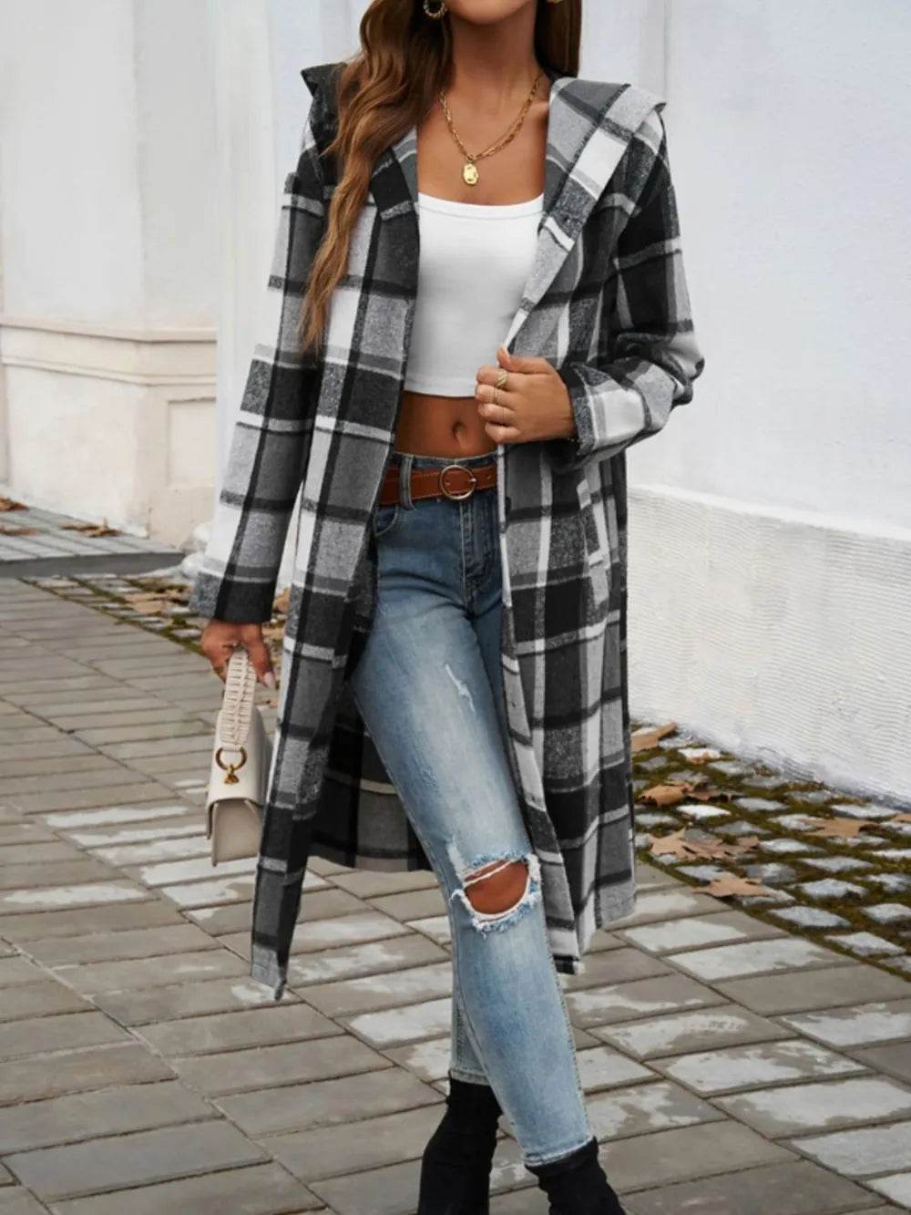 Devine Plaid Long Sleeve Hooded Coat - Millivan supplies 