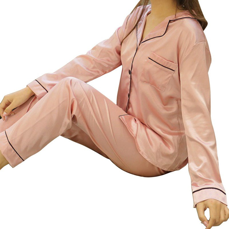 Women's Ice Silk Pajama Set - Adult Long Sleeve Home Sleepwear