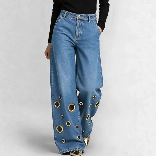 Women's Loose-Fit Straight-Leg Jeans | Cutout & Metal Eyelet Detail | 4 Colours | S–2XL