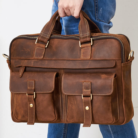 Cartable First-Layer Cowhide Leather Briefcase