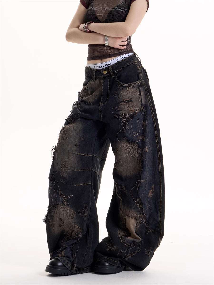 Women's Tie-Dye Ripped Spliced Wide-Leg Jeans | Black | S–XL
