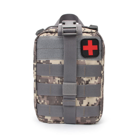 Camouflage first aid kit with a red cross on a white background