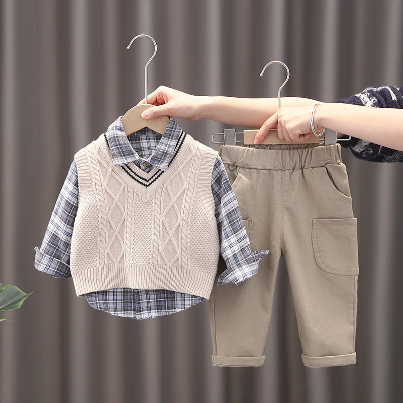 Boys' Fashion Sweater Vest Three-Piece Set - Children's Personality Outfit