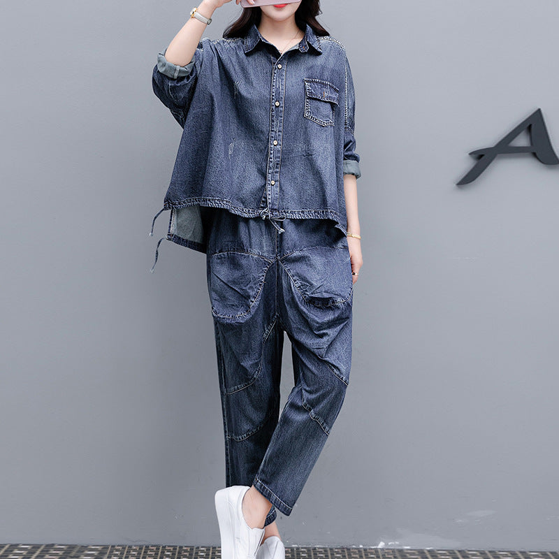 Women's Plus Size Long-Sleeve Top & Cropped Harem Pants Co-ord Set | Denim Blue | L–2XL