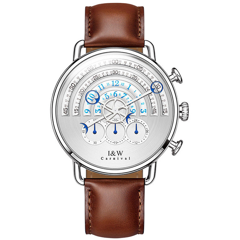 Watch with brown leather strap and silver case on white background