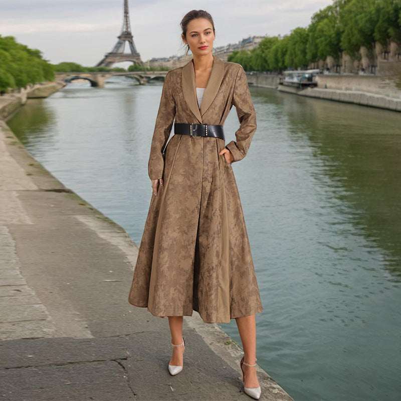 Women's Textured Leather-Look V-Neck Slim-Fit Trench Coat With Belt | Black & Khaki | S–XL