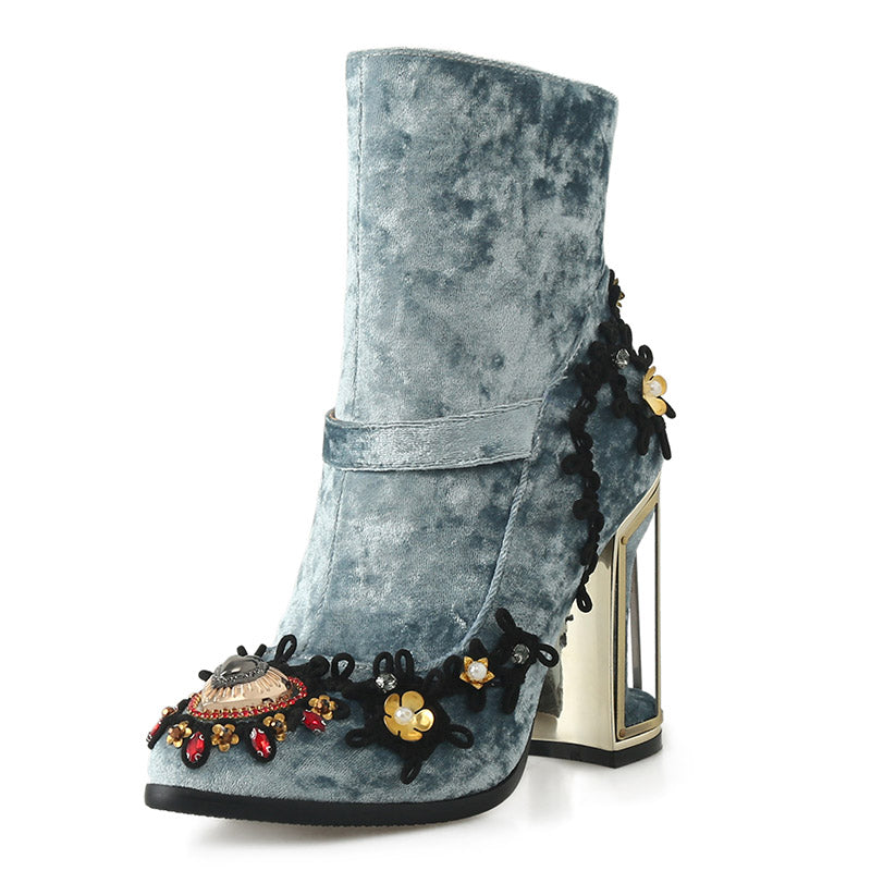 Women's Beaded Embroidery Mid-Tube Boots – High Heel Side Zipper Fashion Boots