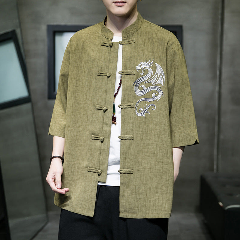 Men's Ice Silk Hanfu Shirt - Adult Three-quarter Sleeve Yellow Green