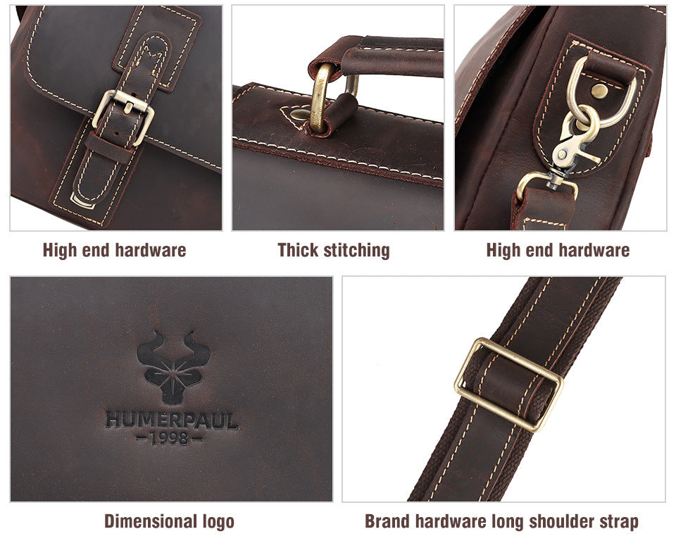 Collage of a leather bag with close-up details and HUNTERPAUL branding.