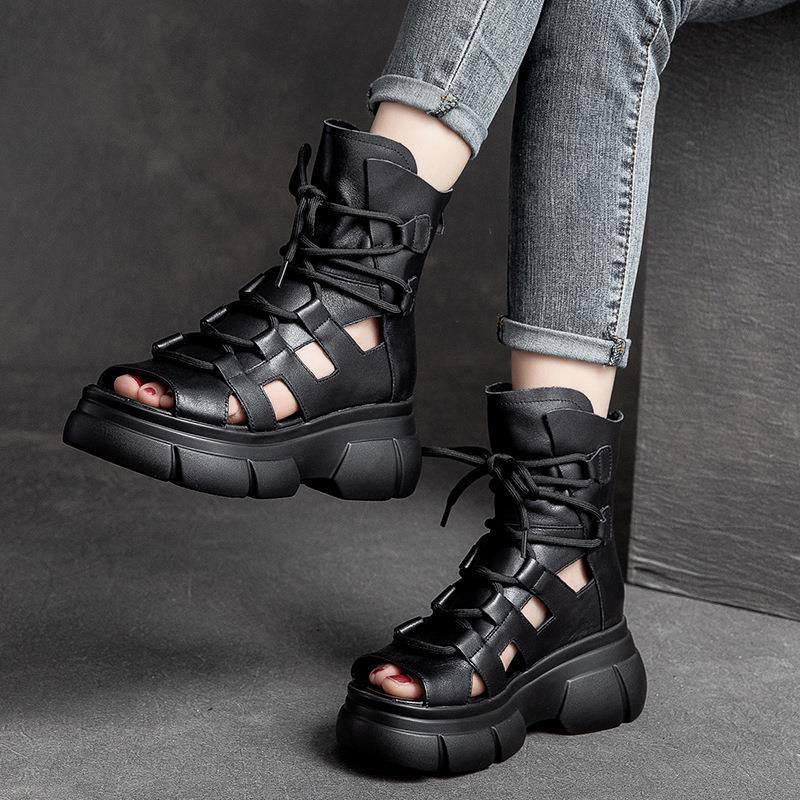 Women's Hollowed-Out Roman Sandal Boots - Open-Toe Buckle Boots