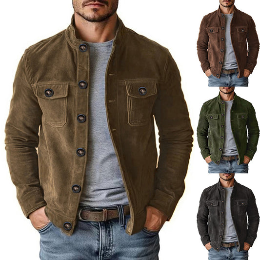 Brown corduroy jacket worn by a person with additional views of the jacket in green and black.